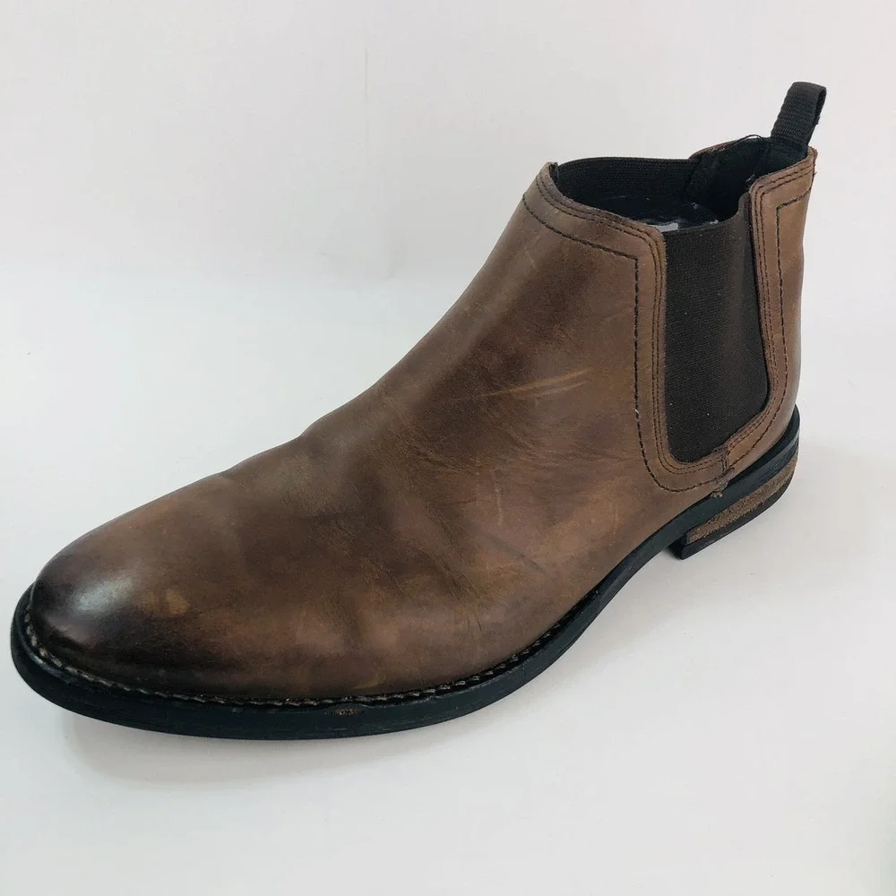 River Island Mens 8.5 Brown Leather Pull On Chelsea Ankle Boots Casual